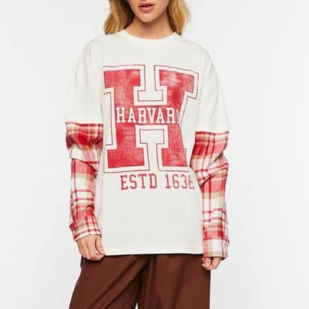 NWOT- Harvard Graphic Combo T-Shirt in Cream Plaid Flannel